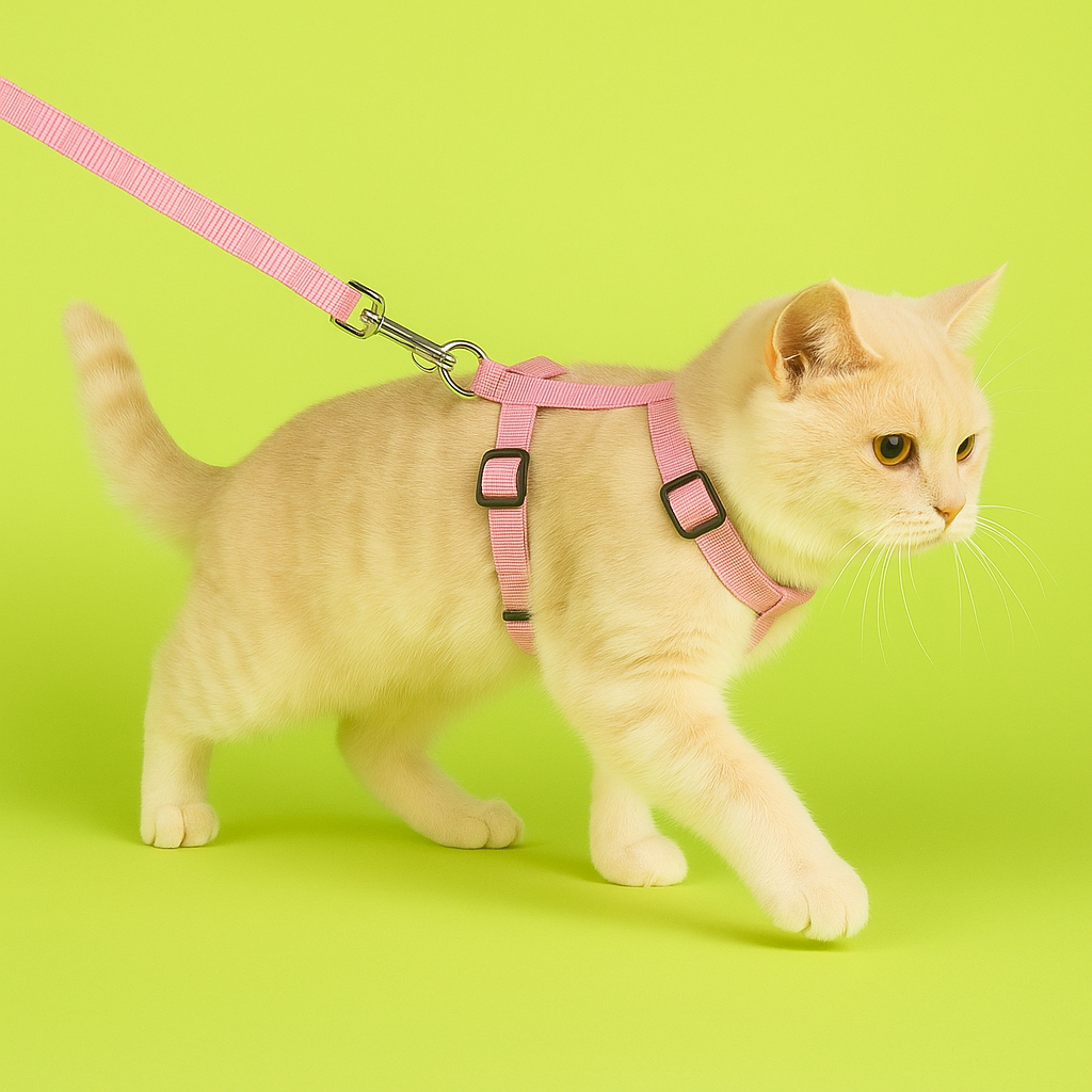 Cat wearing a pink harness and leash on a green background