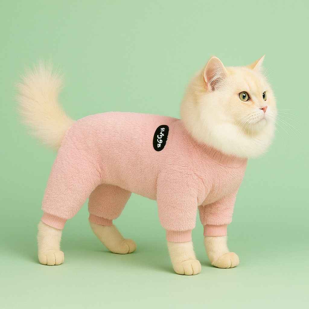 Cat wearing a pink outfit with a black tag on a light green background