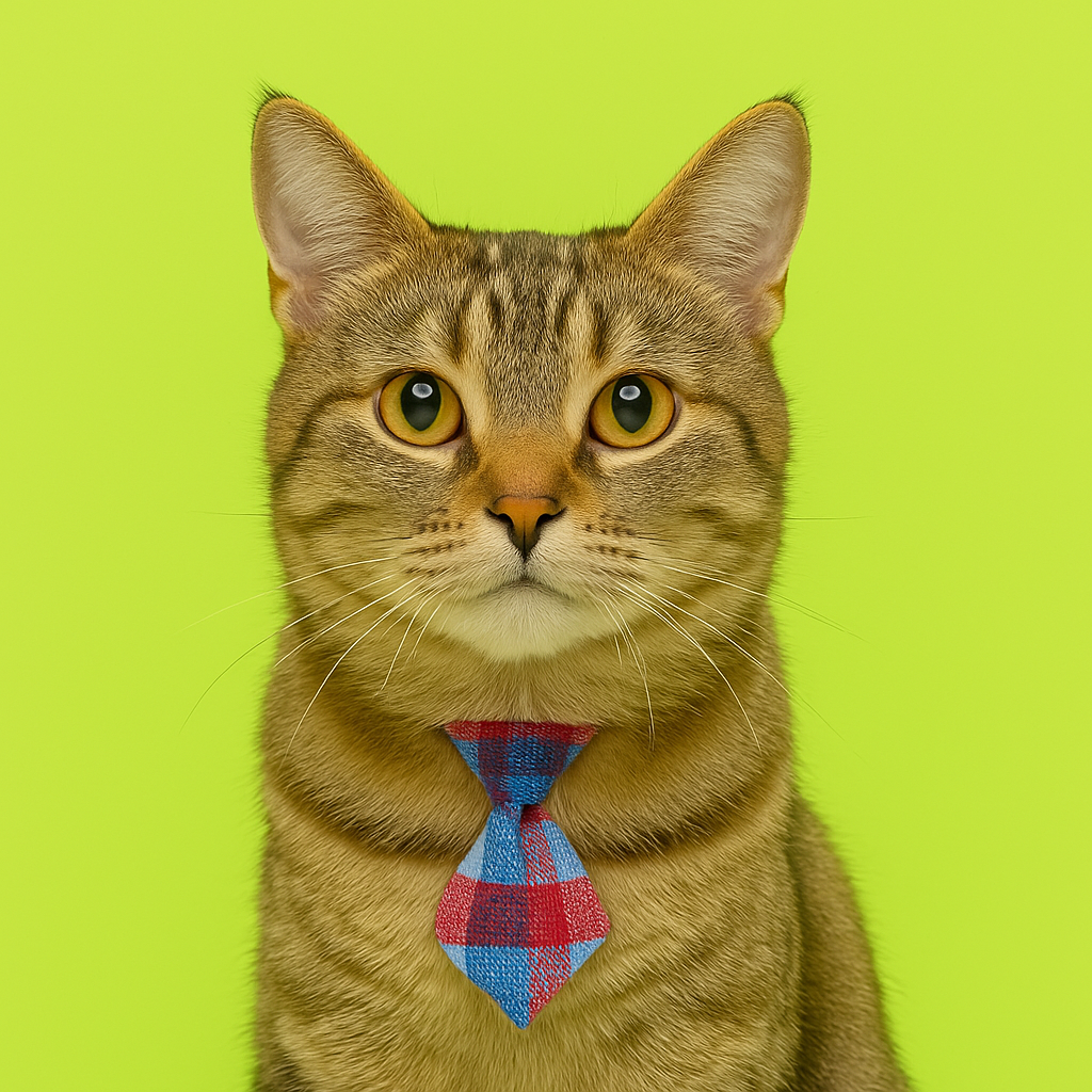 Cat wearing a plaid tie against a green background