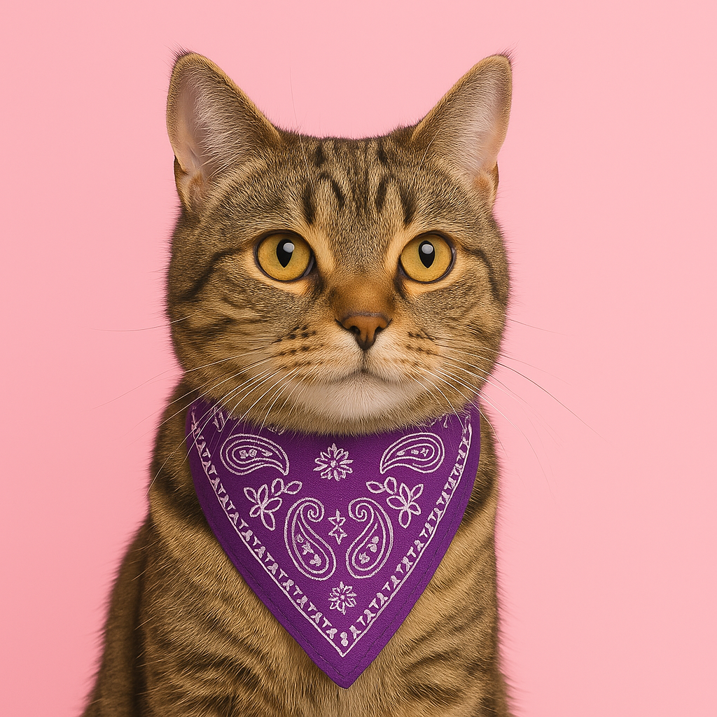 Cat wearing a purple bandana with white patterns on a pink background