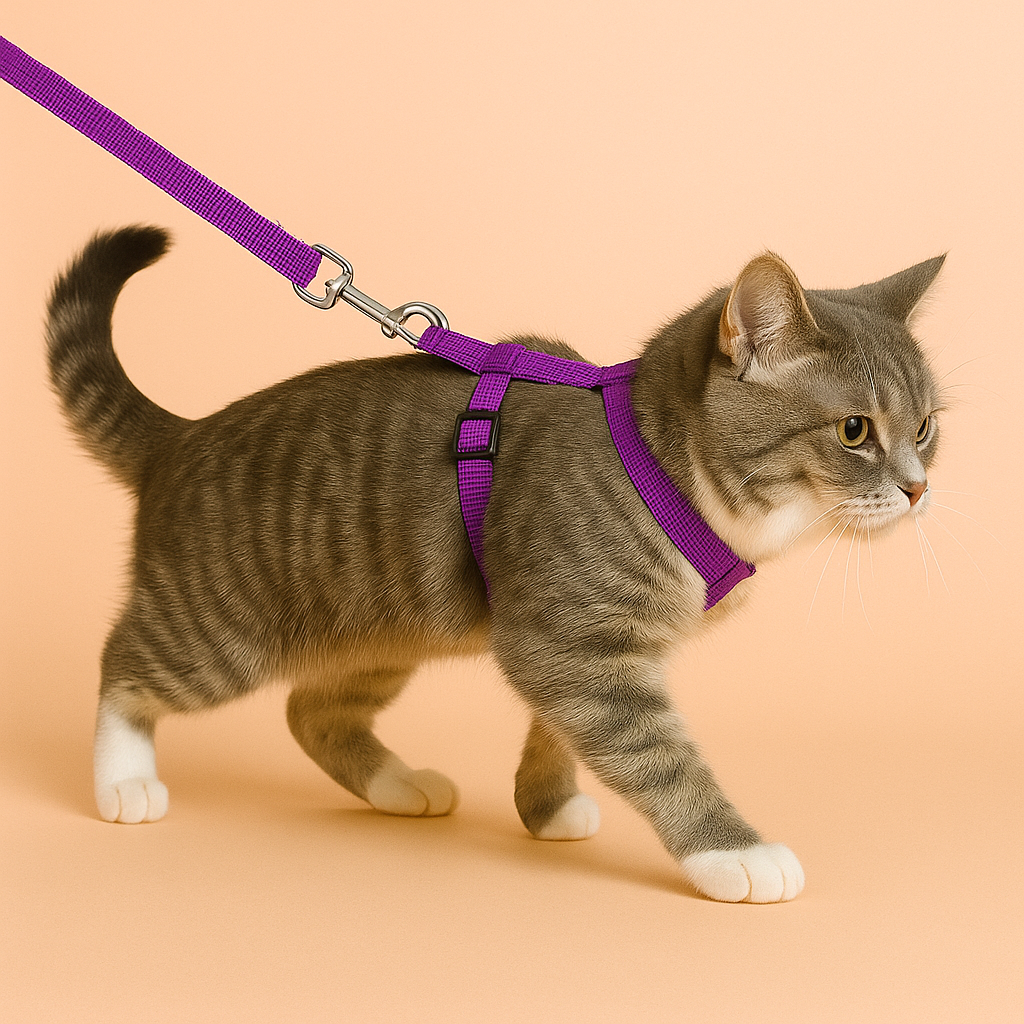 Cat wearing a purple harness and leash on a beige background