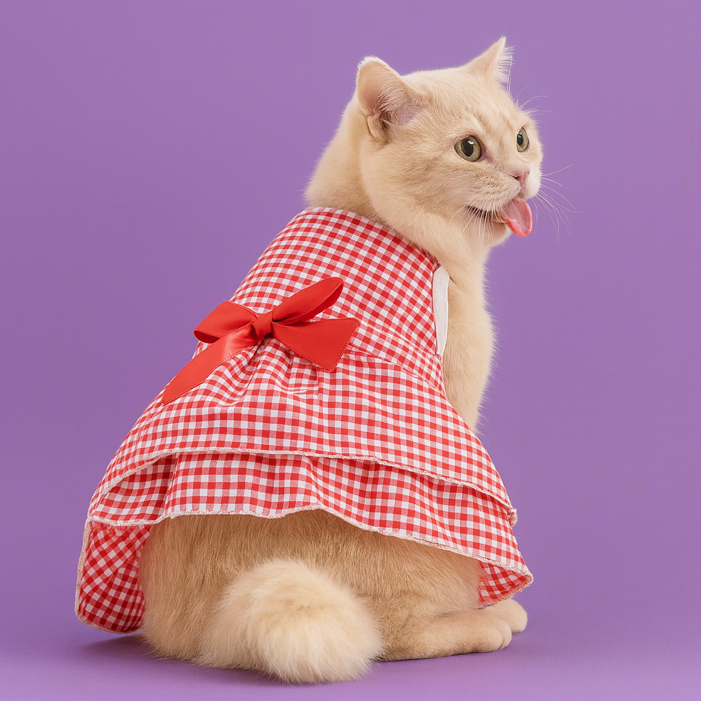 Cat wearing a red and white checkered dress with a bow on a purple background