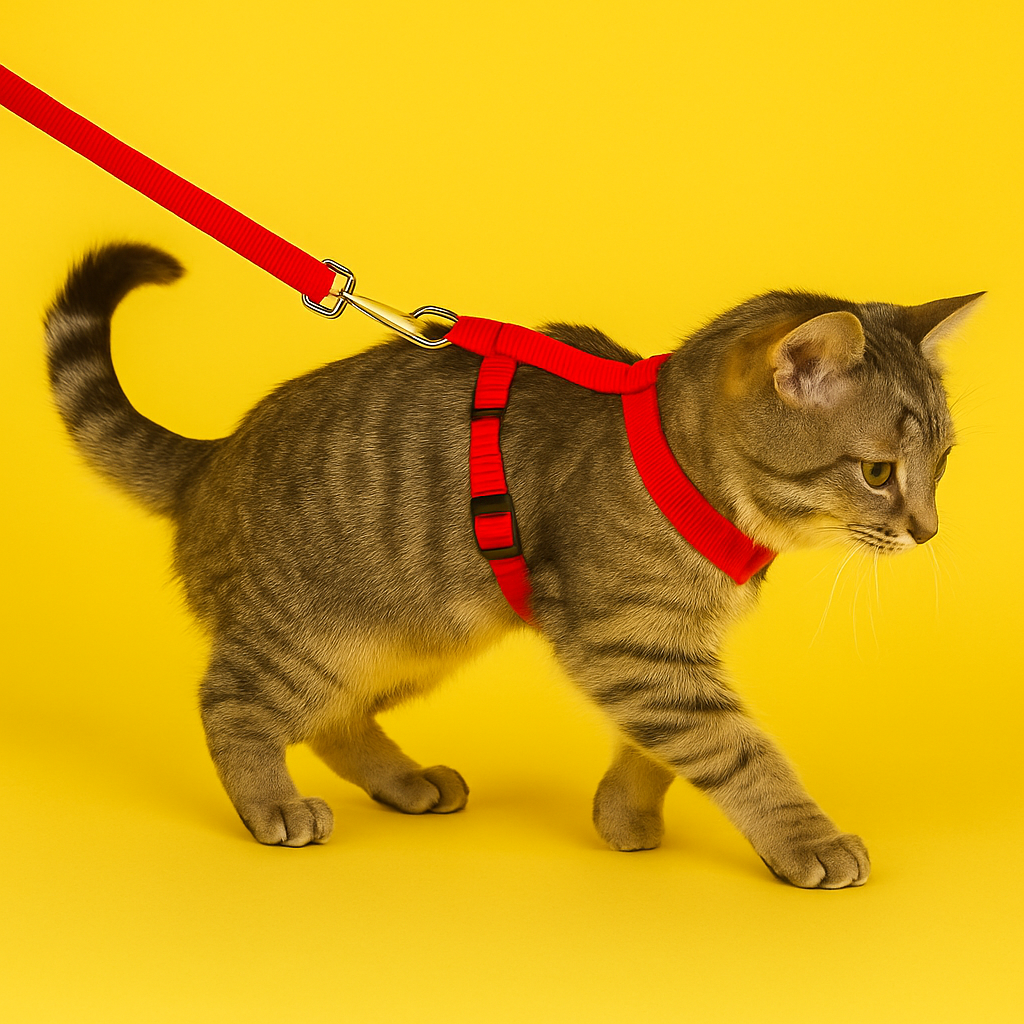 Cat wearing a red harness and leash on a yellow background