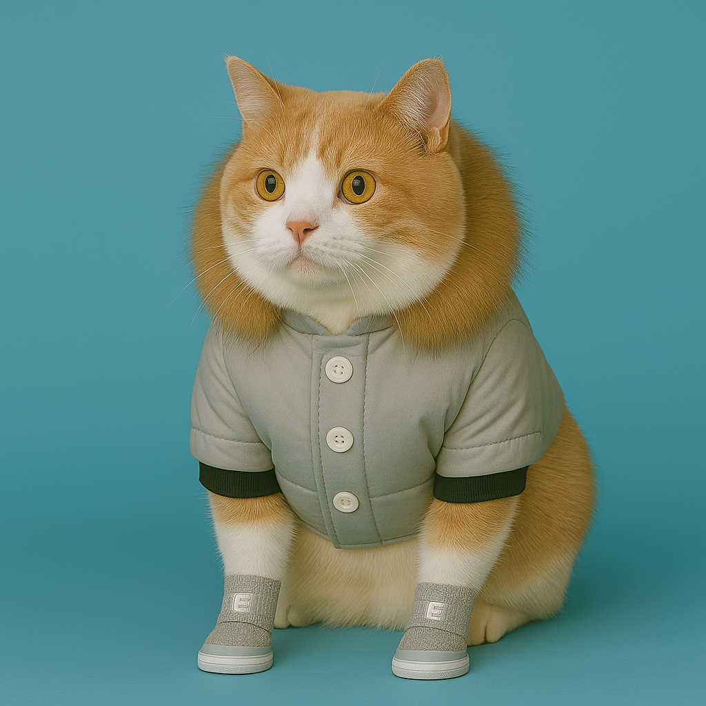 Cat wearing a small coat and boots on a blue background