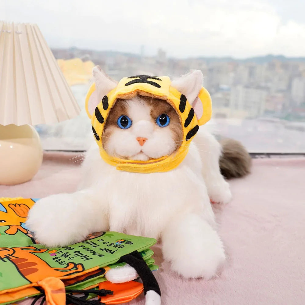 Cat wearing a tiger-striped hat with a cityscape in the background