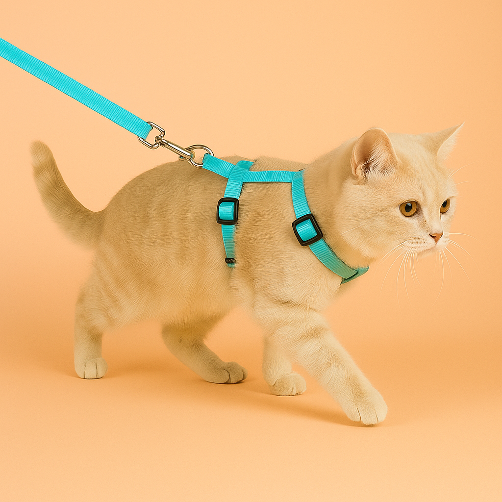 Cat wearing a turquoise harness and leash on an orange background