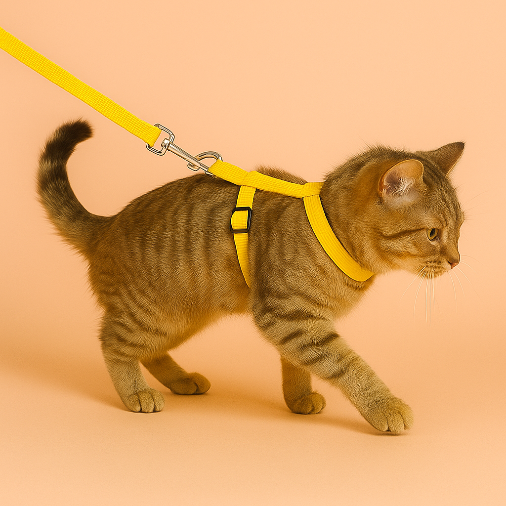 Cat wearing a yellow harness and leash on a peach background
