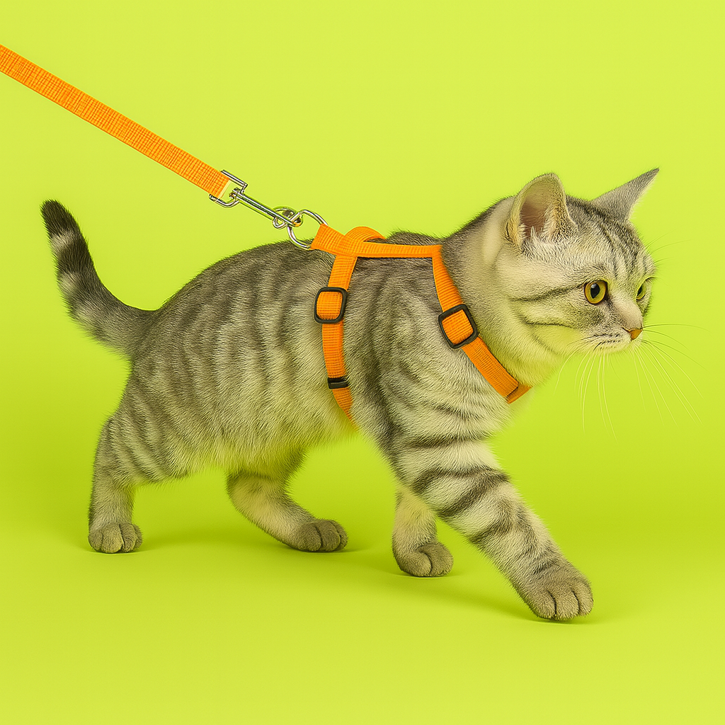 Cat wearing an orange harness and leash on a green background