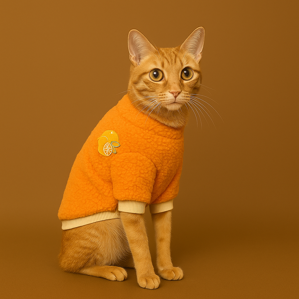 Cat wearing an orange sweater with a yellow emblem on a brown background