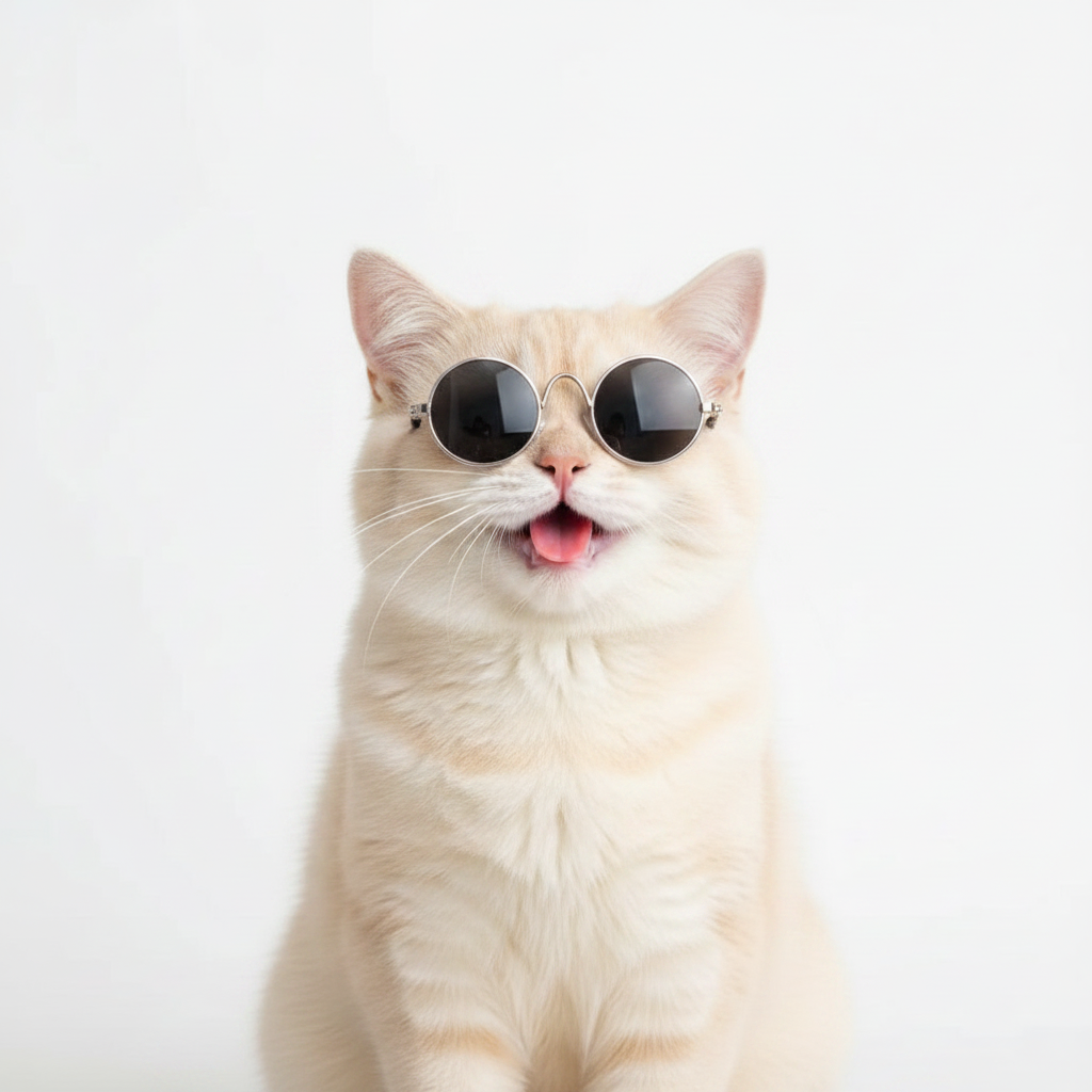 Cat wearing black sunglasses with silver trim