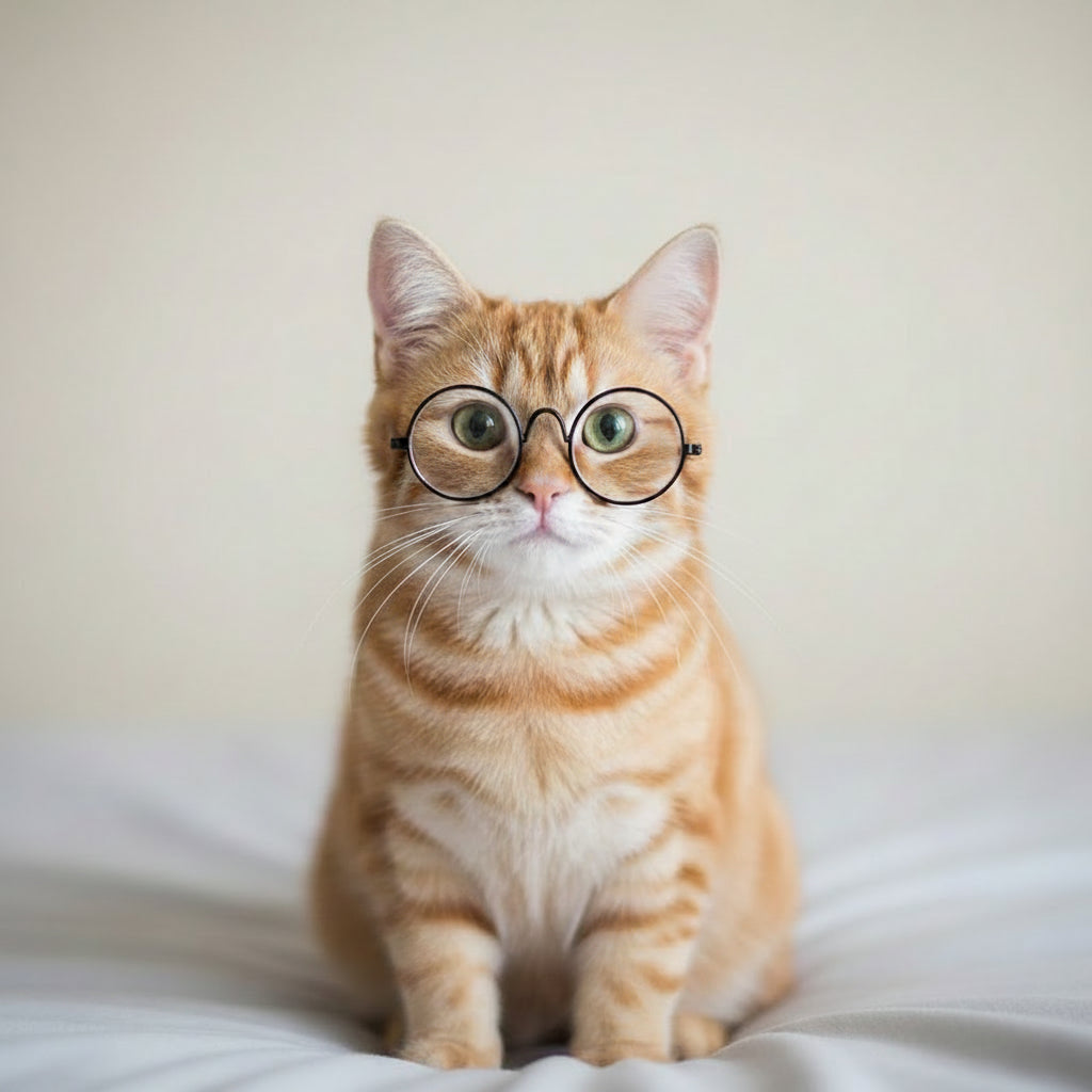 Cat wearing round clear glasses 