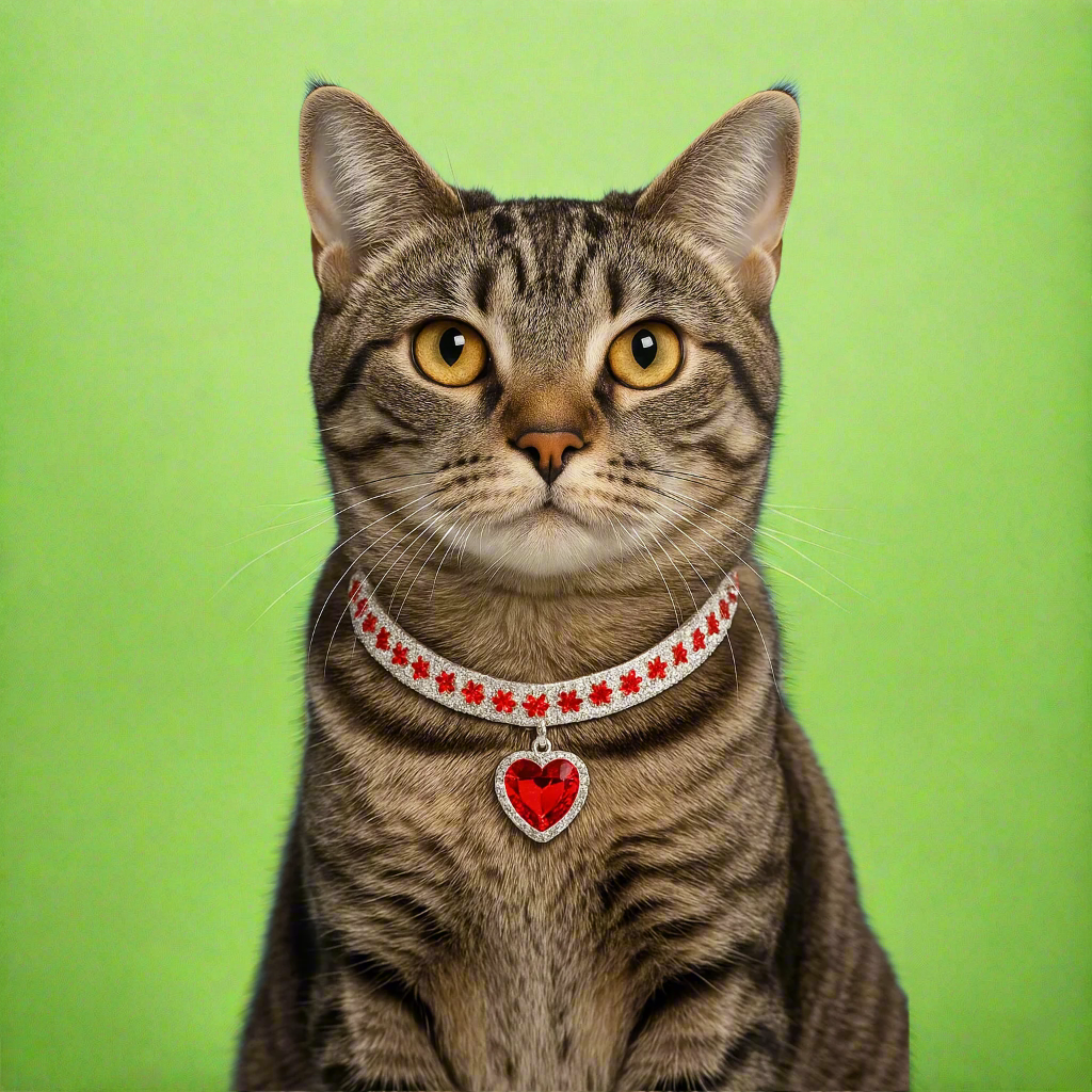 Cat wearing a collar with a red heart tag on a lime background