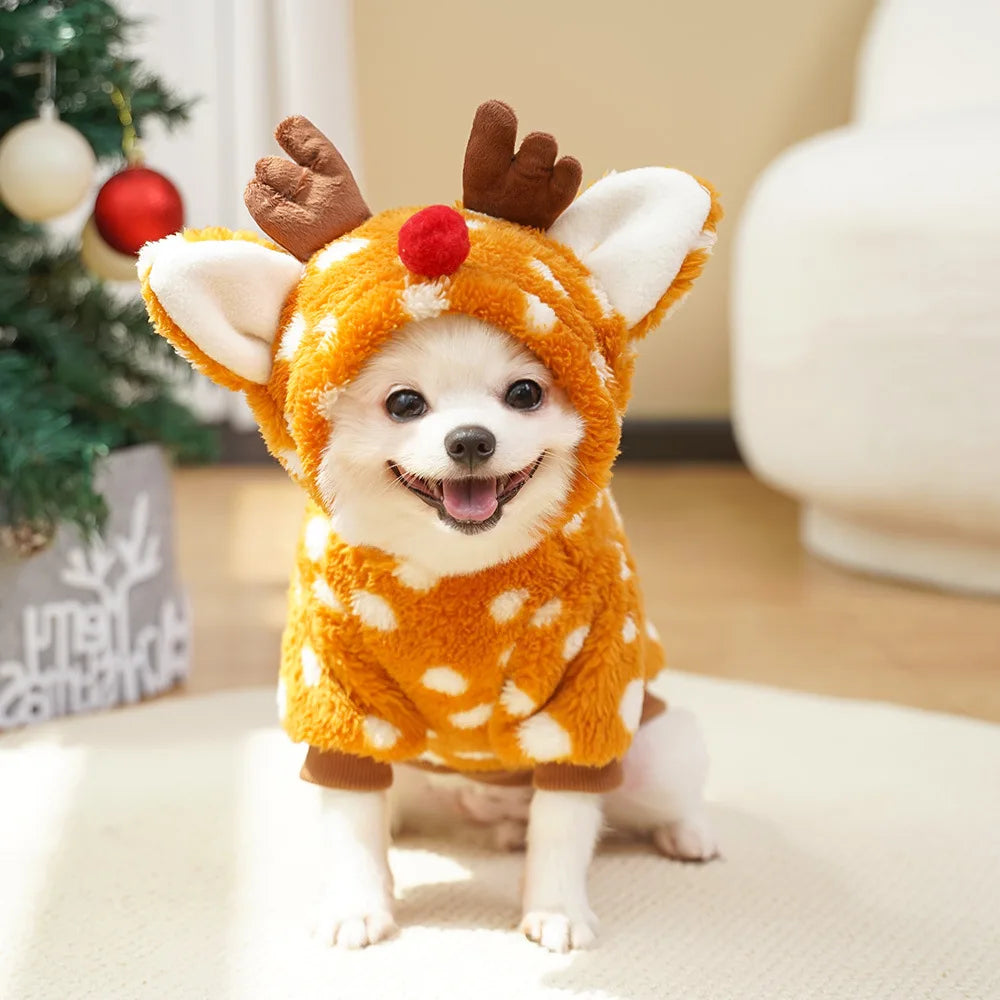 Christmas Reindeer Hoodie Warm Fleece Pet Costume - Mustard