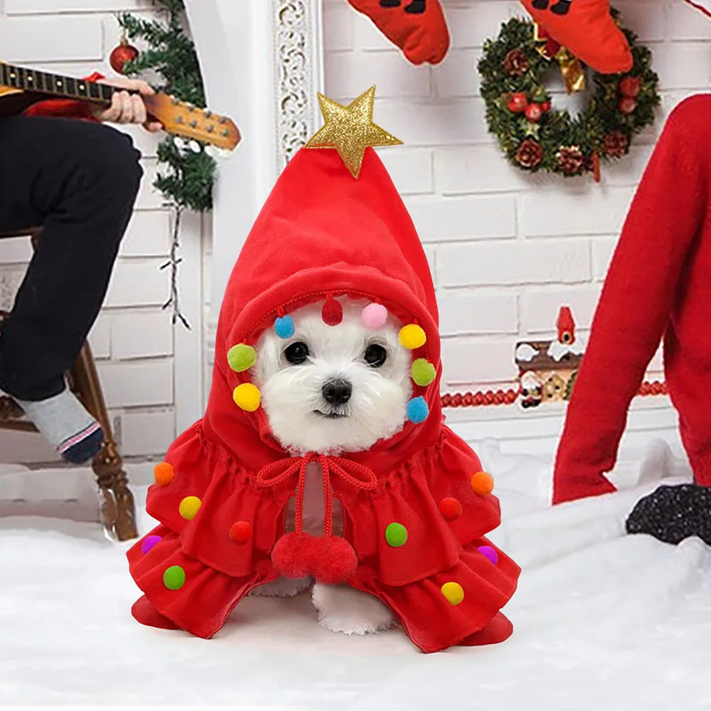 Christmas Tree Pet Cloak for Small Dogs & Cats Xmas Costume - Red