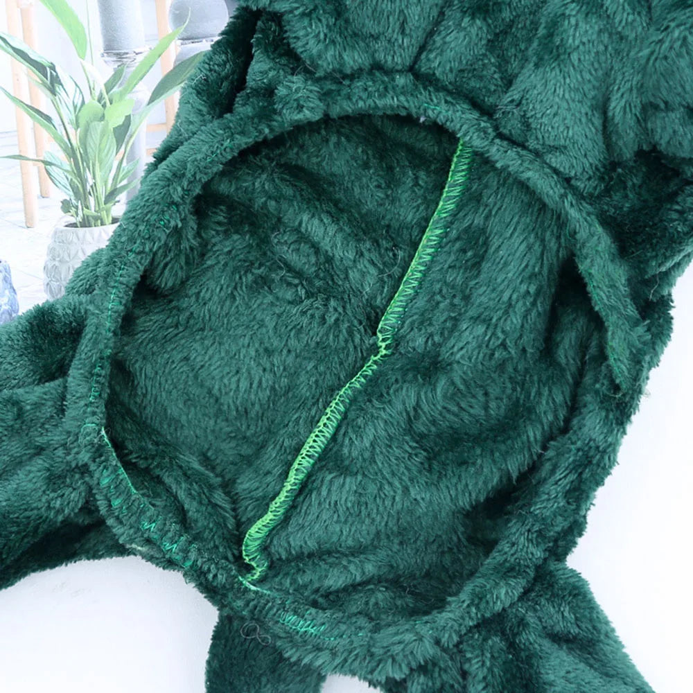 Close-up of a green dog dino costume sweatshirt 