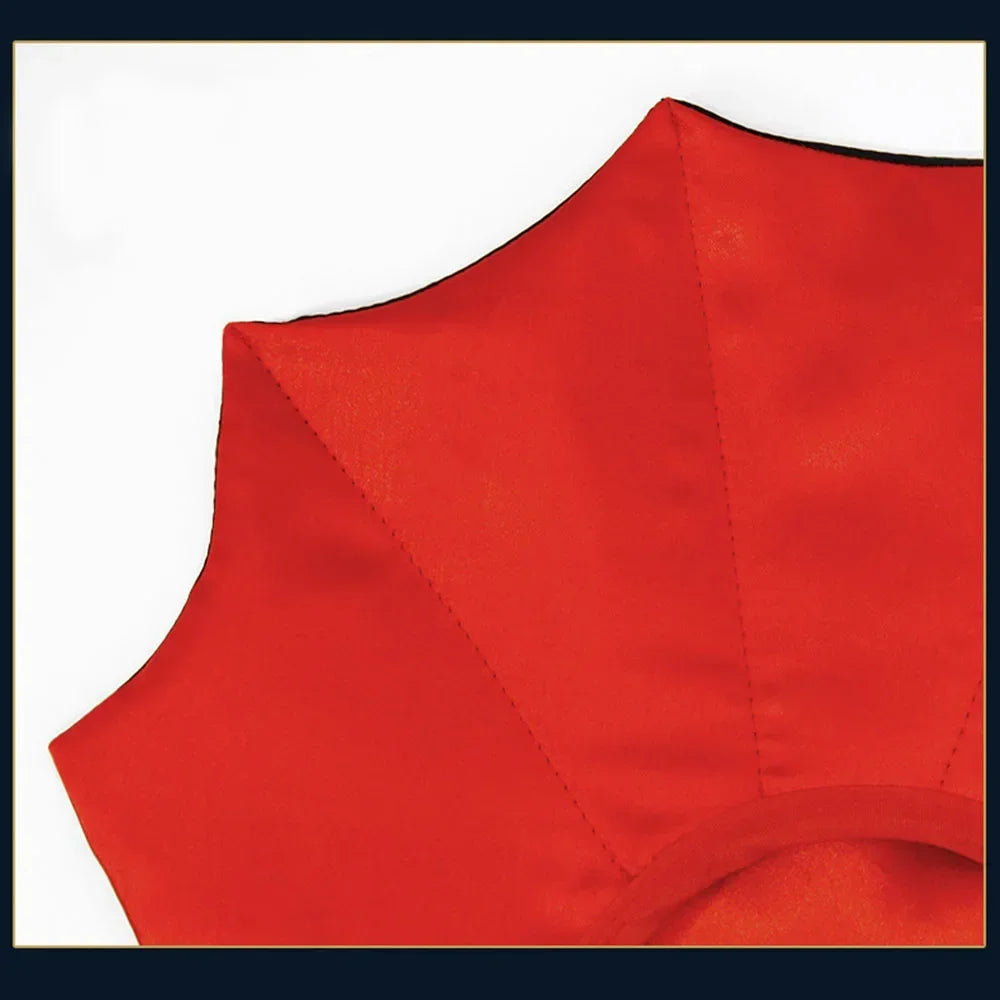 Close-up of a red pet Halloween outfit with a white background