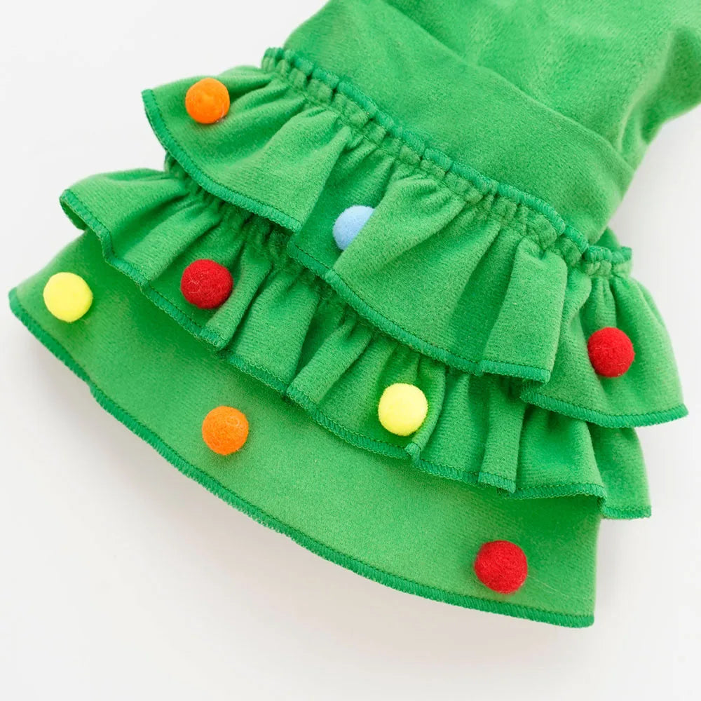 Close up of Green ruffled dog costume with colorful buttons
