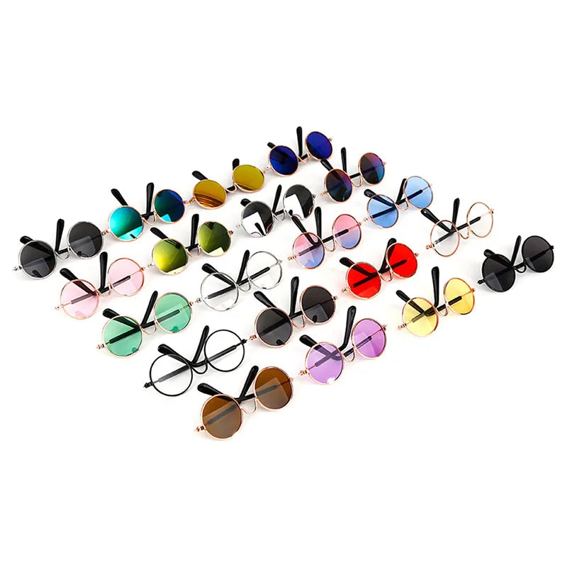 Collection of colorful pet sunglasses with black frames 