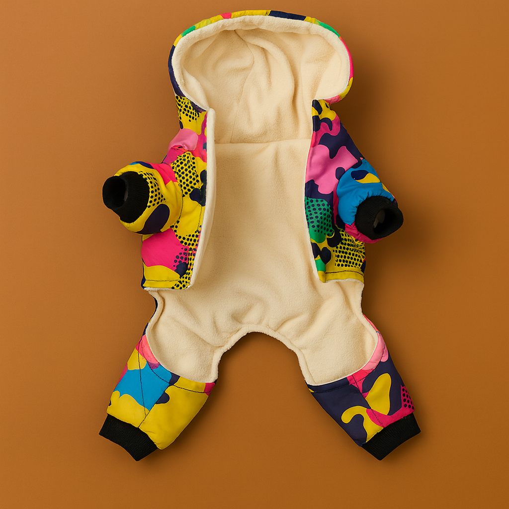 Colorful pet romper with patterned sleeves and legs on a brown background