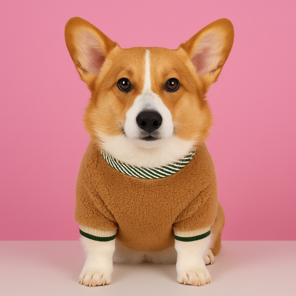 Corgi dog wearing a brown outfit with a pink background