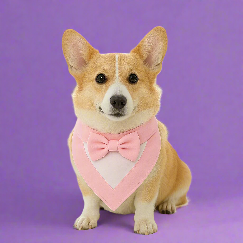 Corgi wearing a pink bow tie
