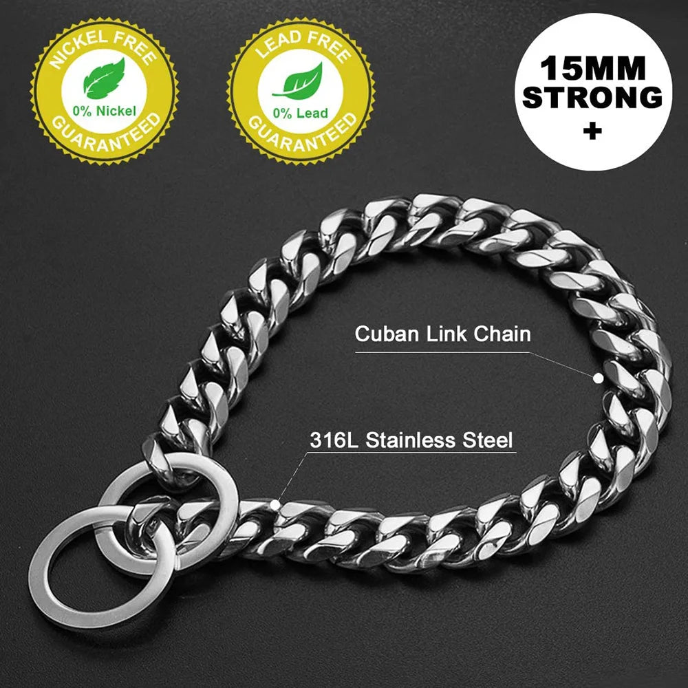Cuban link chain with 316L stainless steel featuring nickel-free and lead-free certifications.