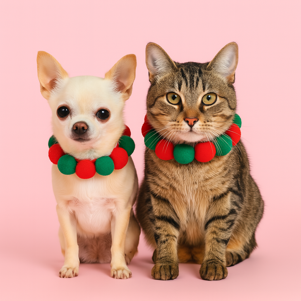 Cute Plush Ball Pet Collar for Cats & Dogs  Red & Green