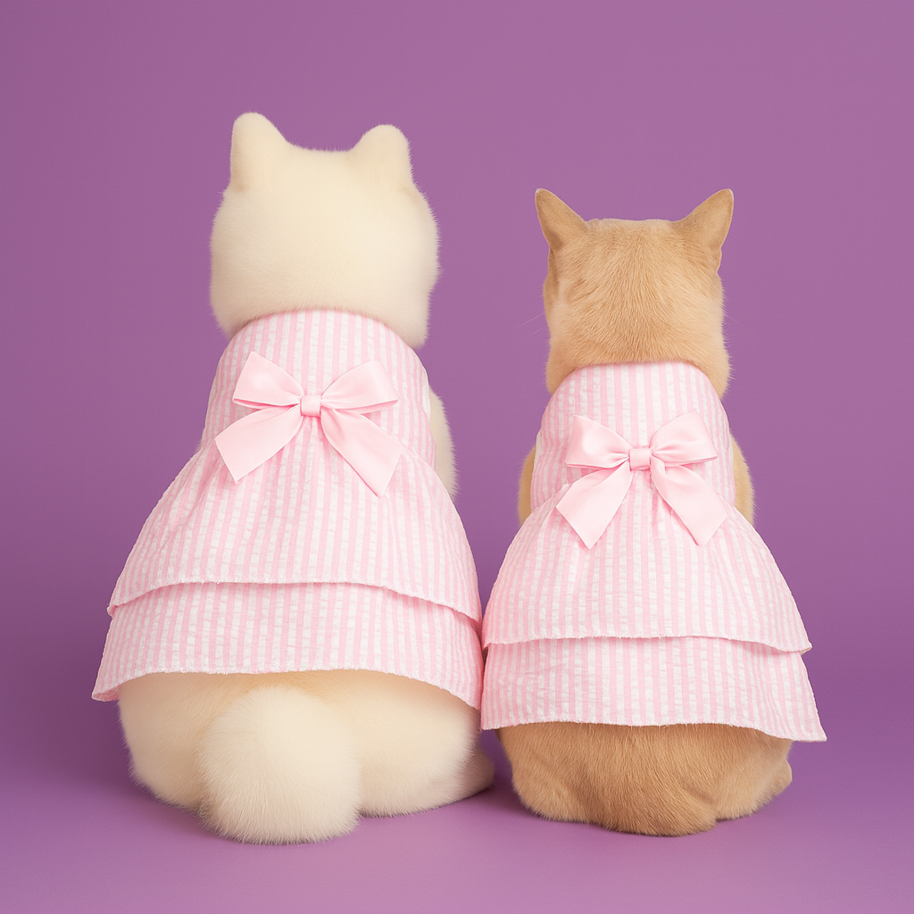 Dog and Cat wearing pink checkered dresses with bows on a purple background