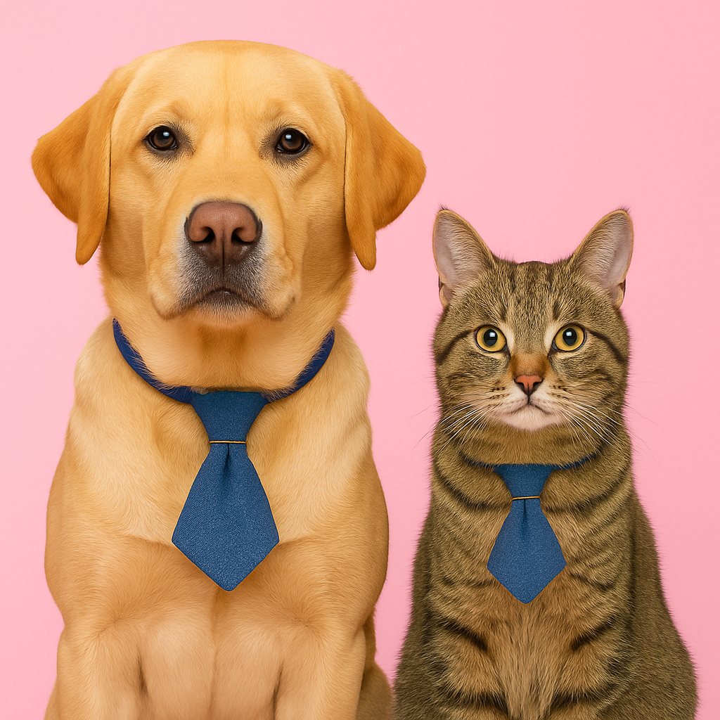 Dog and cat wearing blue ties against a pink background