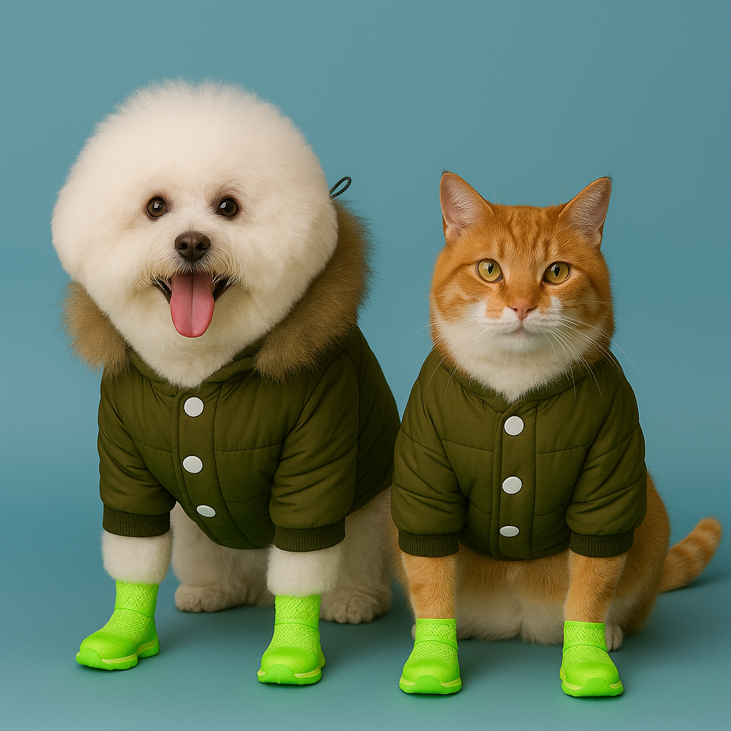 Dog and cat wearing green jackets and bright green boots on a blue background