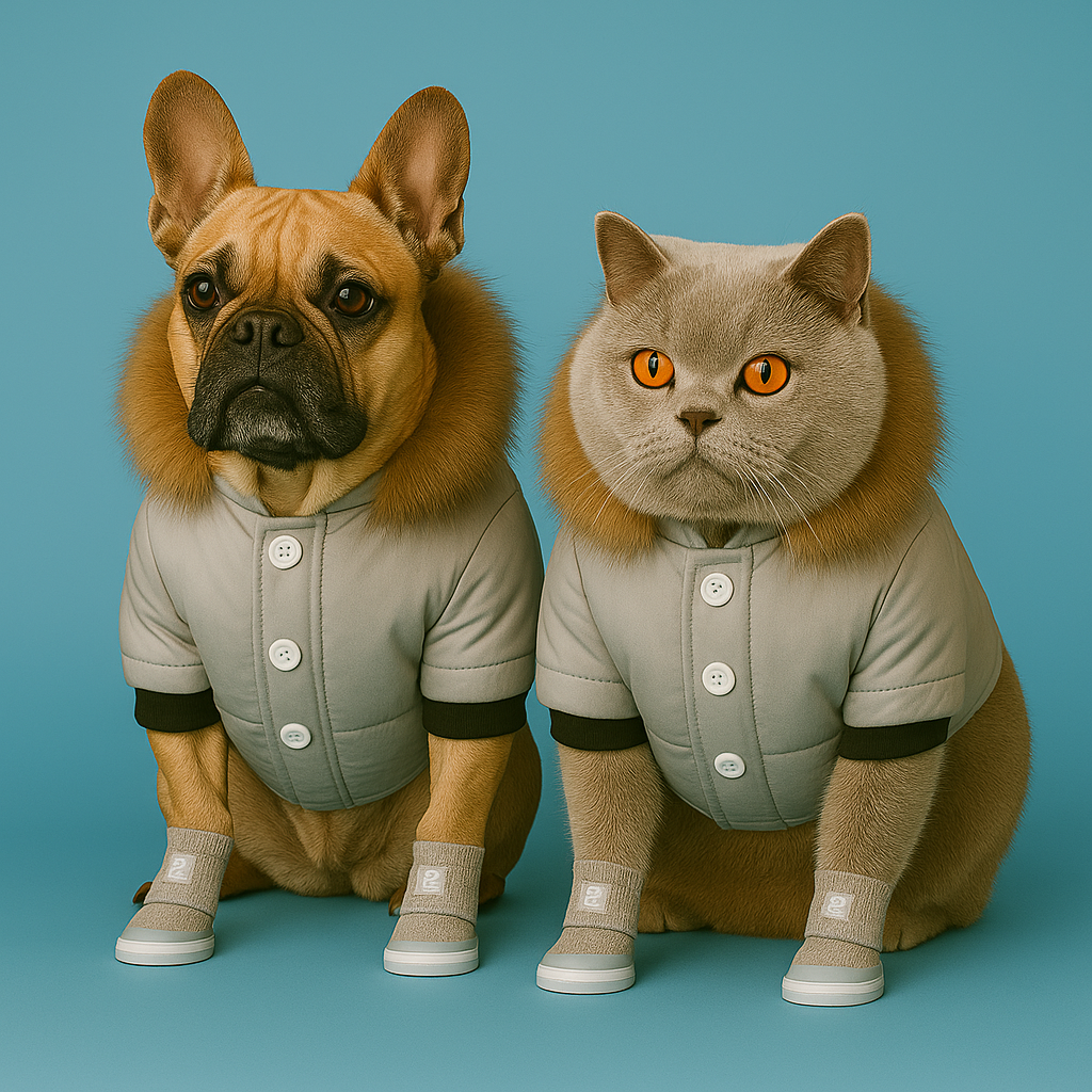 Dog and cat wearing matching coats on a blue background