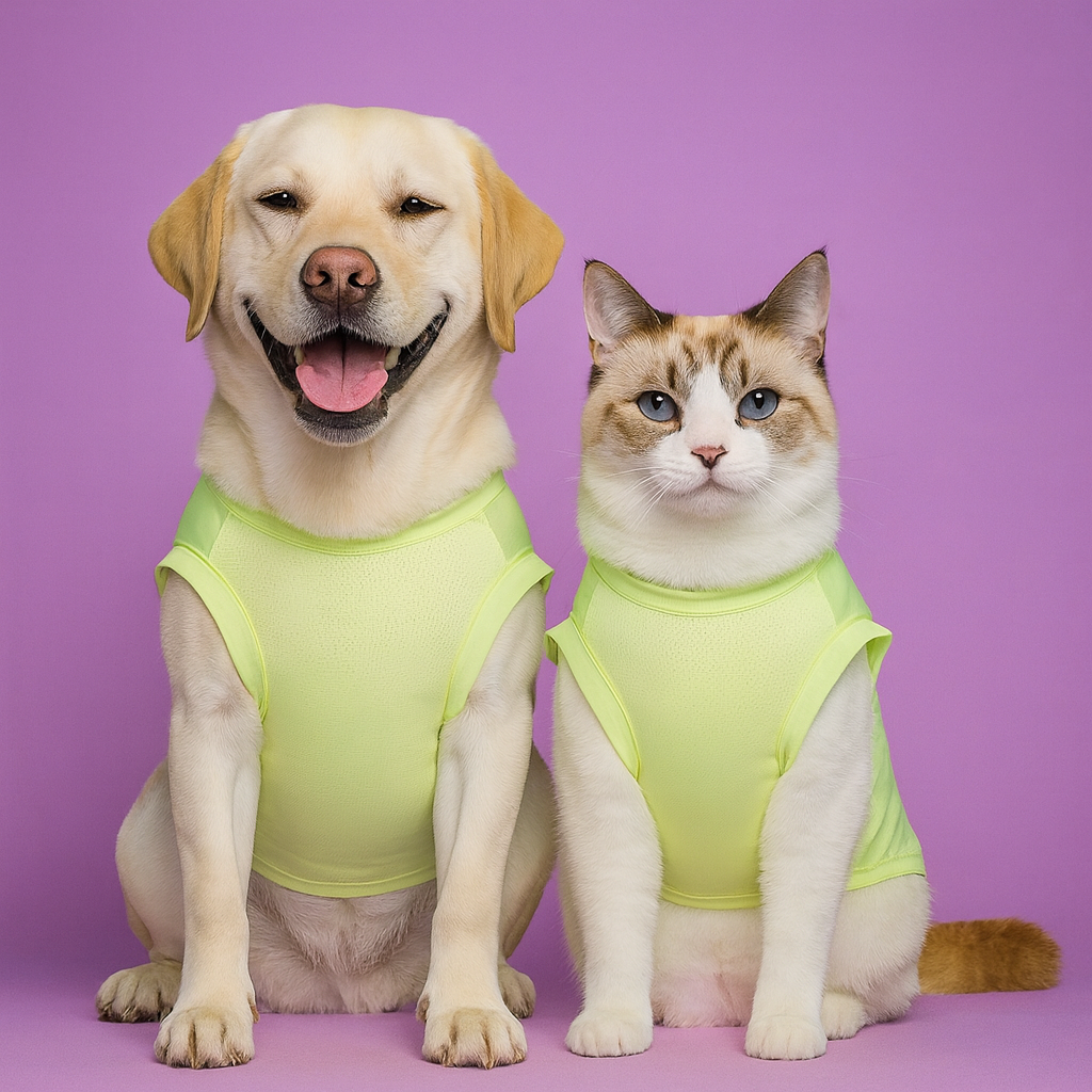 Dog and cat wearing matching green outfits on a purple background