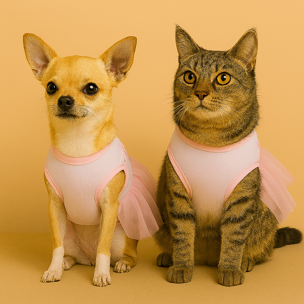 Dog and cat wearing matching pink outfits on a beige background