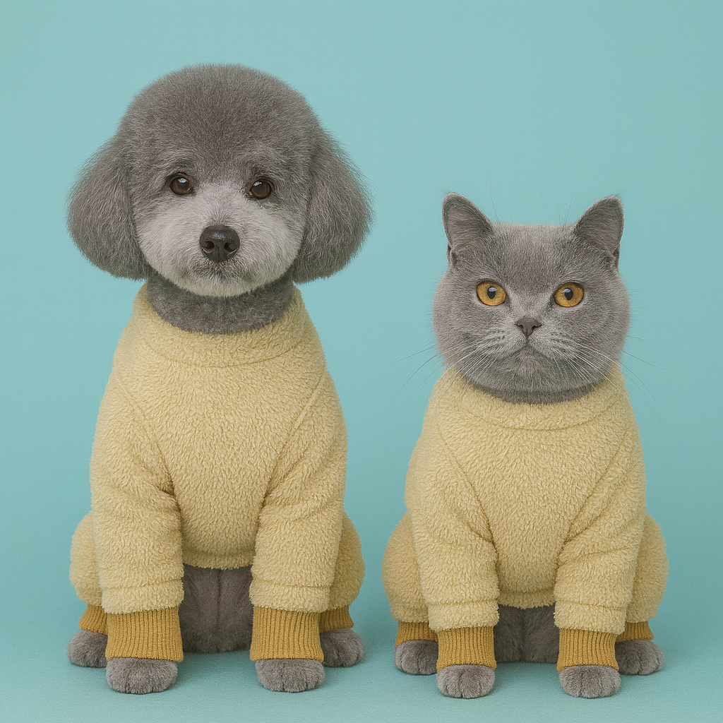Dog and cat wearing matching yellow sweaters on a teal background
