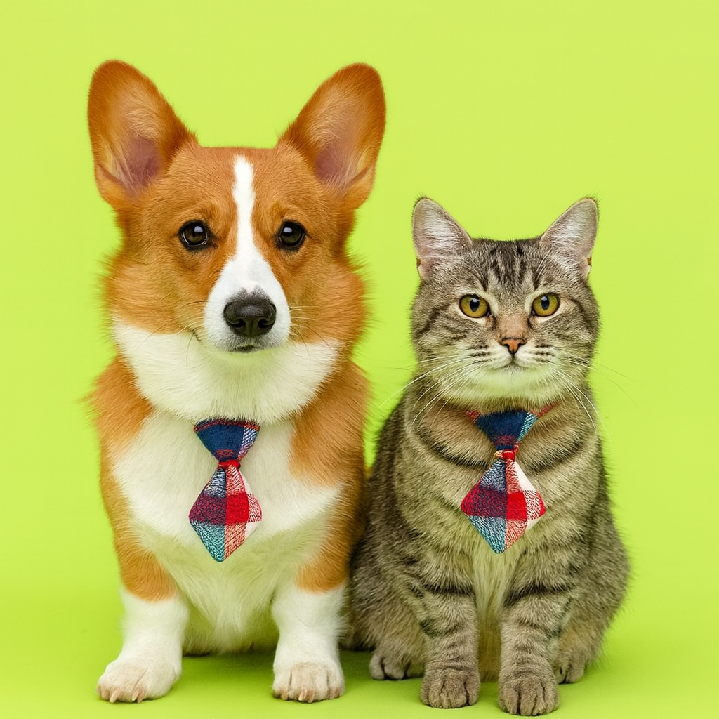 Dog and cat wearing plaid ties on a green background