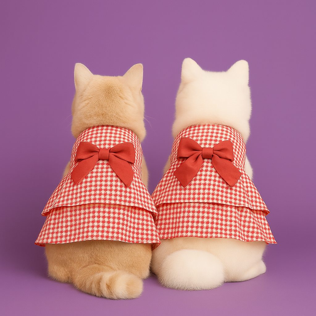 Dog and cat wearing red and white checkered dresses with bows on a purple background