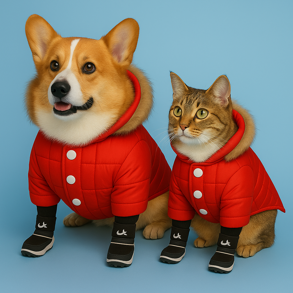 Dog and cat wearing red outfits with white buttons on a blue background