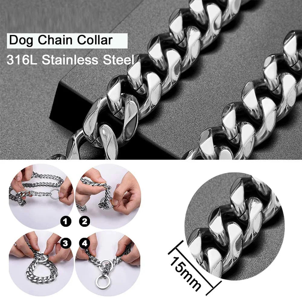 Dog chain collar made of 316L stainless steel with assembly instructions.