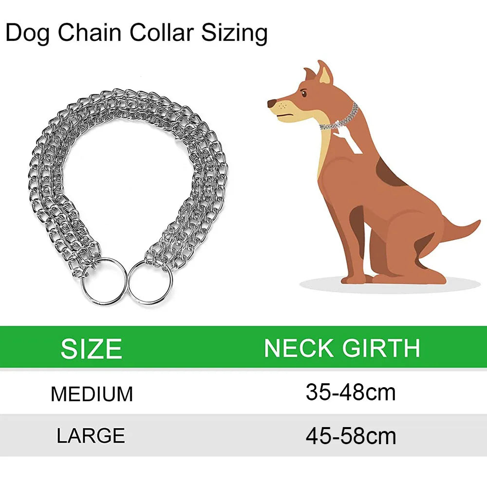 Dog chain collar sizing chart showing a silver metal chain collar medium neck girth 35-48cm and large neck girth 45-58cm.