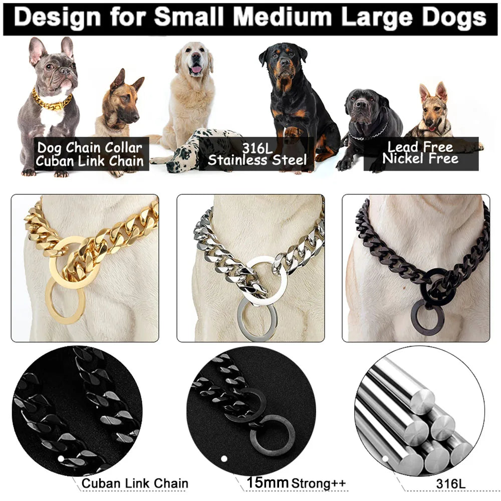 Dog chain collars for small, medium, and large dogs with product details.