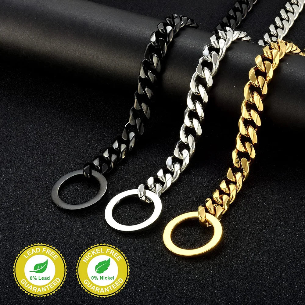 Dog chain necklaces in black, silver, and gold 'Lead Free' and 'Nickel Free'