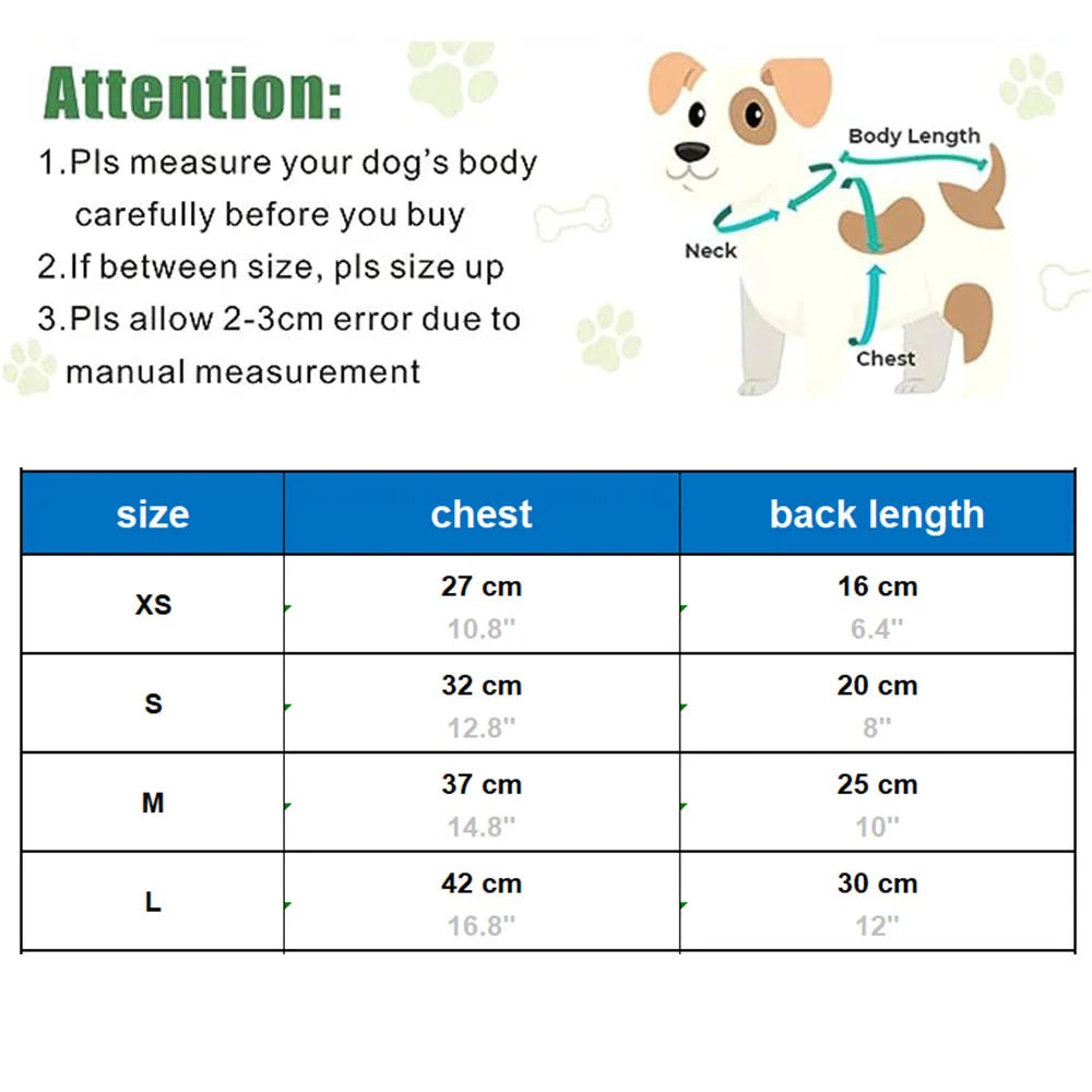 Dog costume size chart with measurements for chest and back length on a white background.