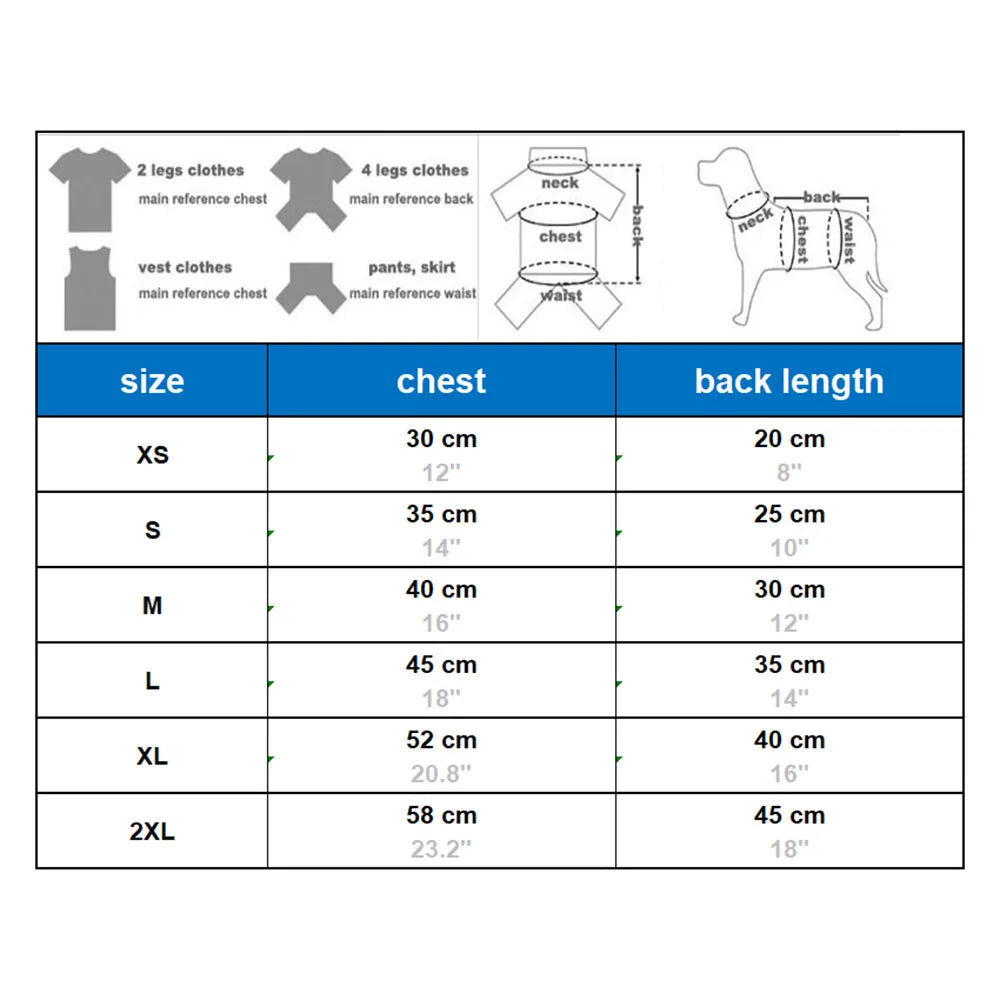 Dog fleece orange hoodie size chart with measurements for chest and back length.