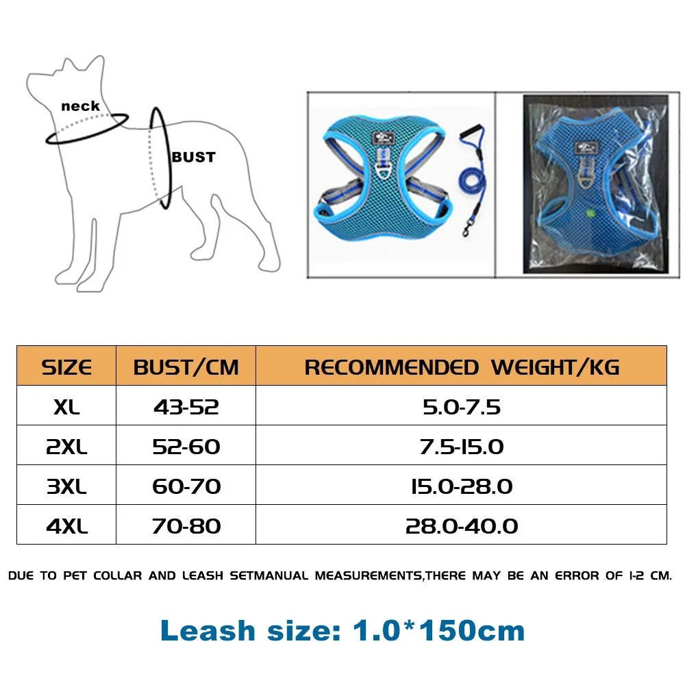 Dog harness and leash set size chart