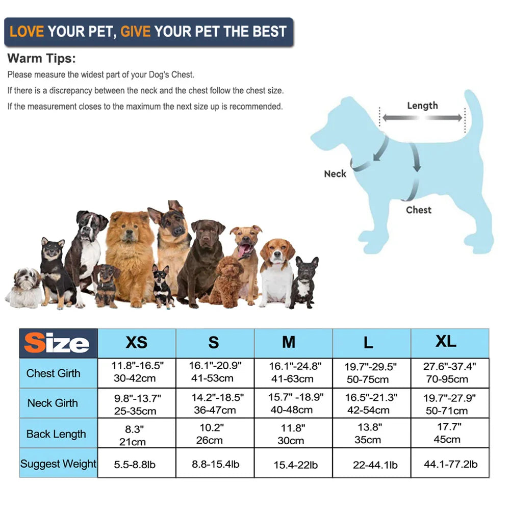 Dog life jacket size chart with measurements and a diagram of how to measure a dog.