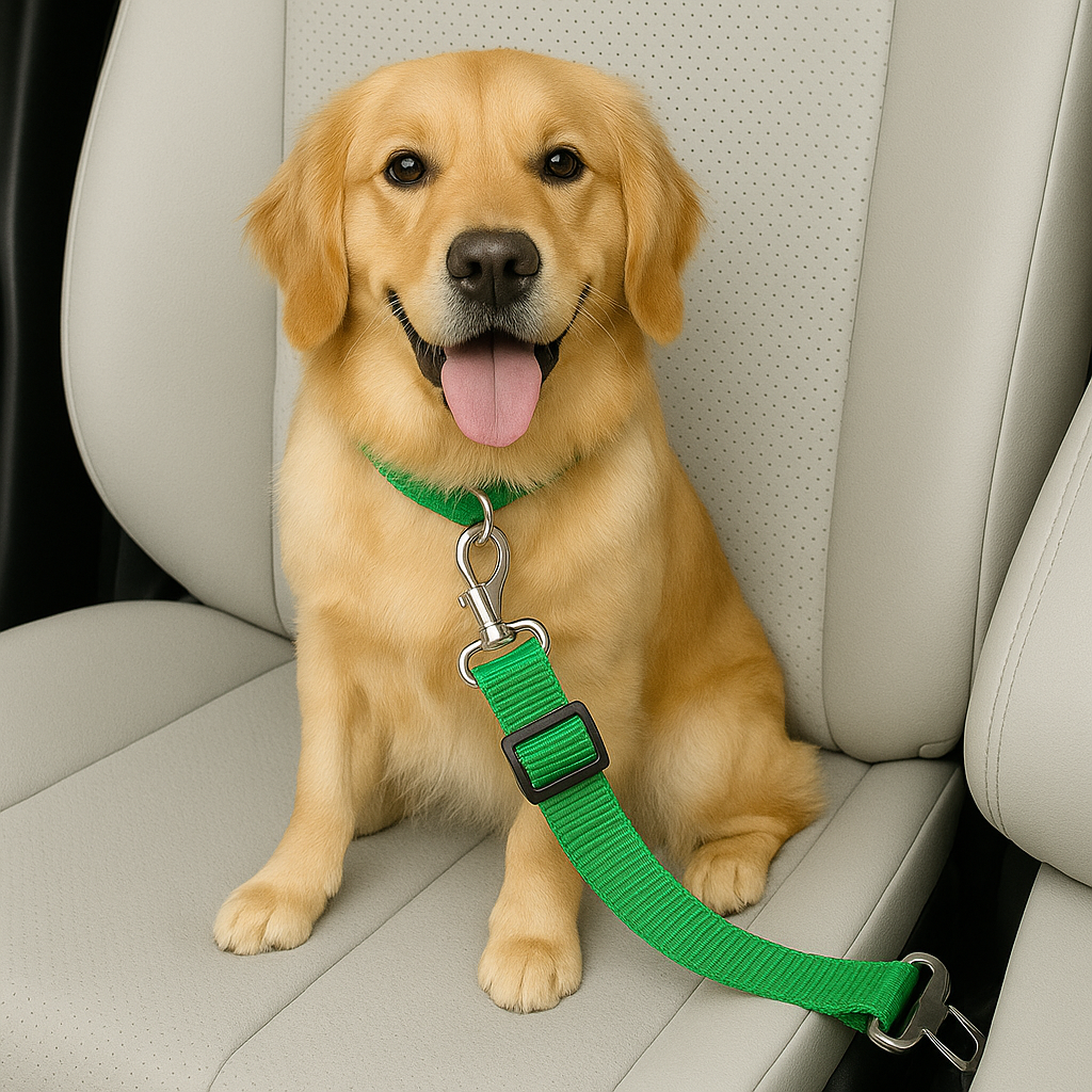 Dog sitting in a car with a green leash attached, car seat belt for pet