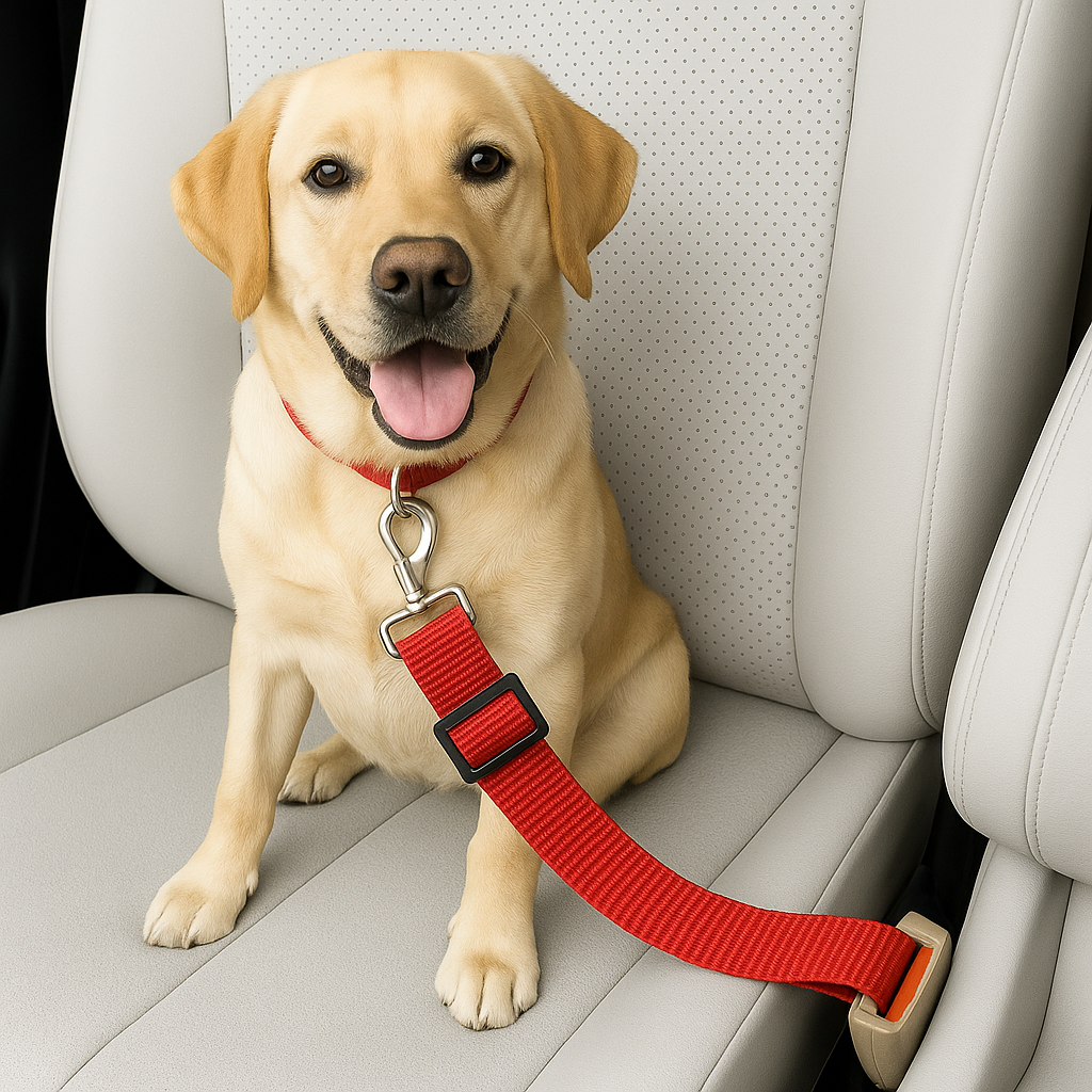 Dog sitting in a car with a red car leash seat belt