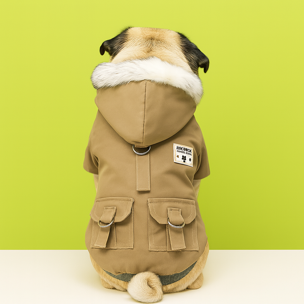 Dog wearing a beige parka with white fur hood against a green background