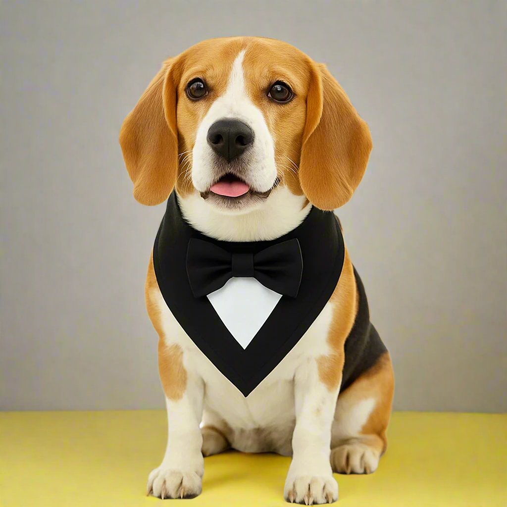Dog wearing a black bow tie 