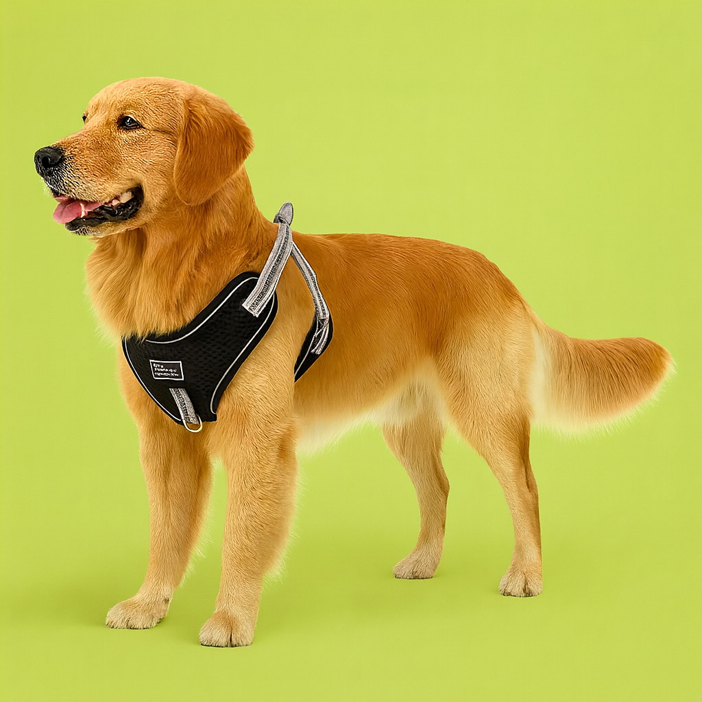 Dog wearing a black harness on a green background
